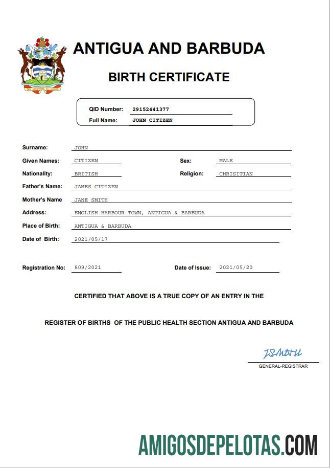 Imprimível modelo Word e PDF de certidão de nascimento de Antígua e Barbuda